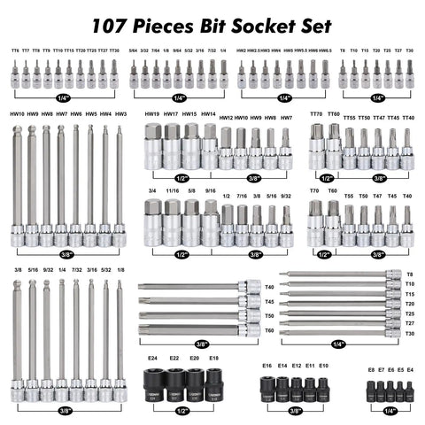 107 Piece Bit Socket Set for 1/4, 3/8 and 1/2 Inch Drives With Torx, Tamper Proof Torx, Hex, Ball End Hex, SAE and Metric Bits in Tough S2 Steel For Heavy Maintenance And Quick Fixes Around The Shop displayed on white background.