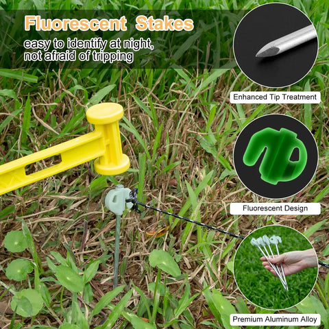 Fluorescent stakes for Beefy 16x12 Ft Camping Tarp With Poles Waterproof Canopy Rain Shelter, easy to identify in grass.