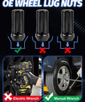 24 Pack Black XL Spline Lug Nuts M14x1.5 for 6 lug aftermarket wheels with 60 degree conical bulge seat, manual wrench installation.