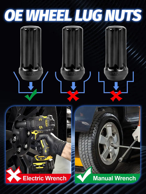 24 Pack Black XL Spline Lug Nuts M14x1.5 for 6 lug aftermarket wheels with 60 degree conical bulge seat, manual wrench installation.