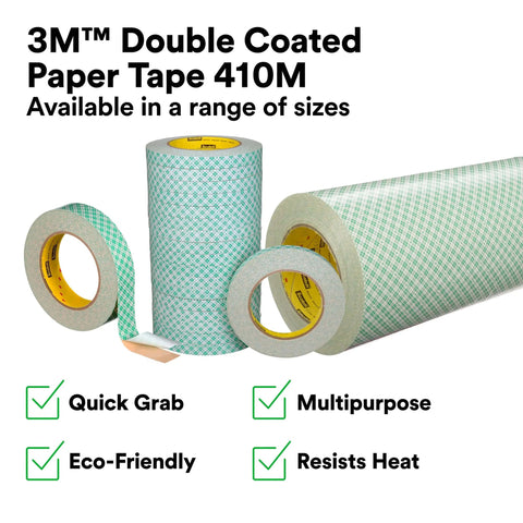 Double Coated Paper Adhesive Tape 410M Natural 1 in x 36 yd, 5 mil roll, multipurpose and heat-resistant with quick grab rubber adhesive