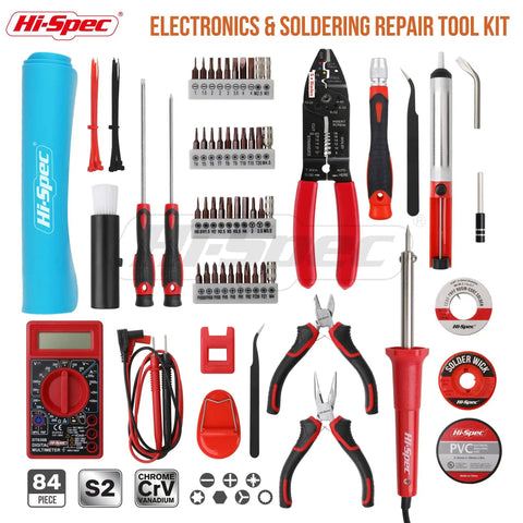84 Piece Electronics Soldering Kit With Multimeter And Repair Tools, including multimeter, soldering iron, tools, and ESD mat