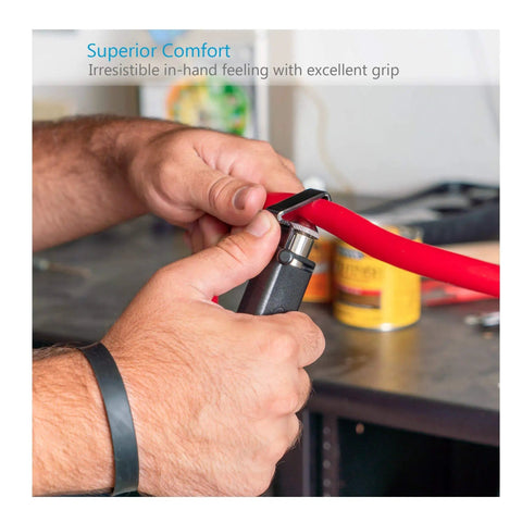 Round Cable Stripper With Adjustable Blade Depth For Precise Jacket Removal, shown in use on red cable