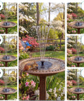 1.4W Solar Bird Bath Fountain Pump With Upgraded Panels in garden setting, water spraying, includes 4 fixed rods and 6 nozzles.