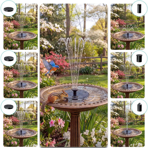 1.4W Solar Bird Bath Fountain Pump With Upgraded Panels in garden setting, water spraying, includes 4 fixed rods and 6 nozzles.