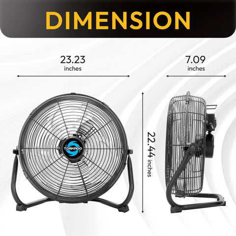 Dimension view of 20 Inch High Velocity Metal Floor Fan With 3 Speed Settings Cranks Out 4750 4200 3800 CFM For Industrial Commercial And Home Use 120 Degree Tilt Adjustable 6 Foot Cord UL Listed Black showing front and side measurements.