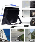 Image of a 150W Outdoor LED Flood Light With Plug showing dimensions and mounting options, made of die-cast aluminum.