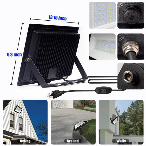 Image of a 150W Outdoor LED Flood Light With Plug showing dimensions and mounting options, made of die-cast aluminum.