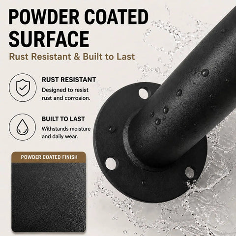 Heavy Duty 12 Inch Black Metal Wall Mount Stair Handrail Grab Bar with rust proof powder coat, showing water resistance.