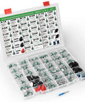 Open box showing Vertical PCB Mount Potentiometer Kit, 100 Pieces, 9mm Pot, 15mm Shaft, 10 Percent Tolerance for DIY Electronics