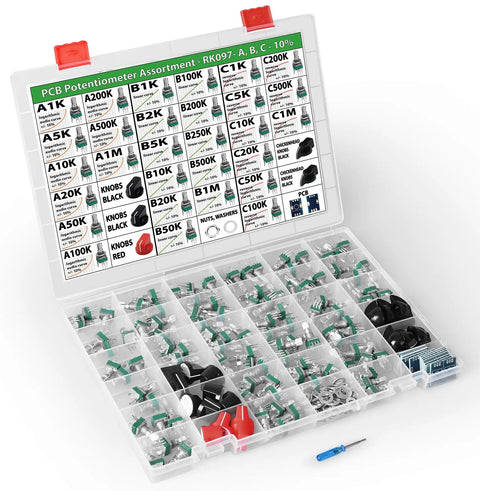 Open box showing Vertical PCB Mount Potentiometer Kit, 100 Pieces, 9mm Pot, 15mm Shaft, 10 Percent Tolerance for DIY Electronics