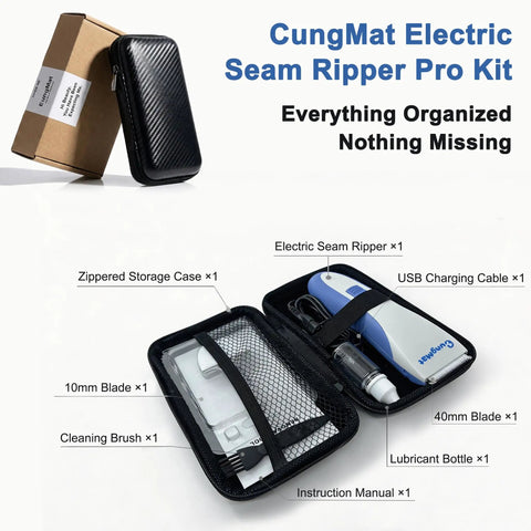 Electric Seam Ripper Pro Kit with Storage Case and USB Charging visible with components in open case.