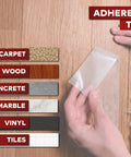 Application of double sided carpet tape that keeps area rugs in place on hardwood, tile, and other surfaces without residue.