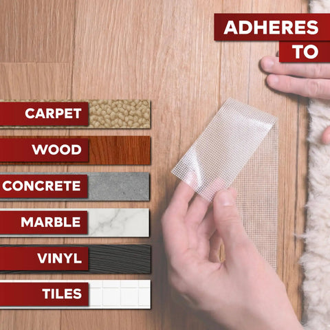 Application of double sided carpet tape that keeps area rugs in place on hardwood, tile, and other surfaces without residue.