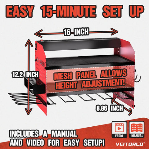 Power Tool Organizer With Charging Station And Heavy Duty Modular Wall Mount For Garage And Shed Eight Outlet Dock With Overload Protection Keeps 4 Drill Holders Ready To Roll And Gear All In One Place Perfect Fathers Day Gift For Dad Him Husband, red steel frame with mesh panel and adjustable shelves, 16 x 12.2 x 8.86 inches.