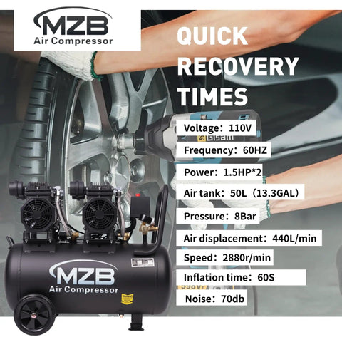 Top Notch 13 Point 2 Gallon Air Compressor Featuring Dead Silent Oil Free Pump And Heavy Duty Steel Tank Delivering Rock Solid 115 PSI for tire inflation.