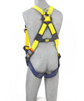 No-Tangle Full Body Safety Harness With Back D-Ring, Tongue Buckle Leg Straps, 2X-Large Navy And Yellow, rear view on mannequin