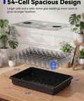 Seed Starter Tray With Grow Lights 54-Cell Kit, Humidity Dome, indoor seed tray dimensions and design on table.