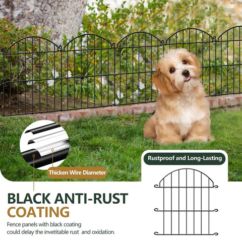 Small dog sitting by 34ft 32 Panel Arch Metal Garden Fence For Rabbits And Dogs Rustproof Border Fencing With Arched Decorative Flower Bed