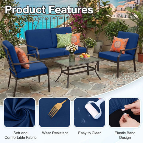 Patio set with Waterproof Outdoor Cushion Covers For Patio Furniture, 8 Piece Navy Solid Stretch Slipcovers on chairs and sofa with table.