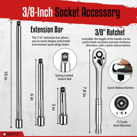 Twelve Piece Spark Plug Socket Set With Three Eighths Inch Drive Ratchet Handle Mirror Polished Sockets Spark Plug Gapper Universal Joint And Extension Bars With Rubber Retaining Ring