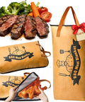 21 Inch BBQ Thermal Blanket For Resting Meat And Heat Resistant Nonstick Grill Tool Set For Outdoor Camping And Backyard Grilling Reusable Waterproof Heavy Duty Barbecue Gear Gift For Dad And Grill Fans, packaging with steak and vegetables.
