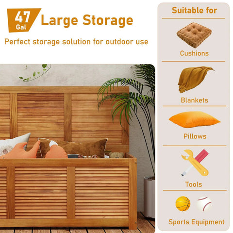 Acacia Wood Deck Box Bench 47 Gallon Outdoor Storage Chest With Seating showing storage use for cushions, blankets, tools
