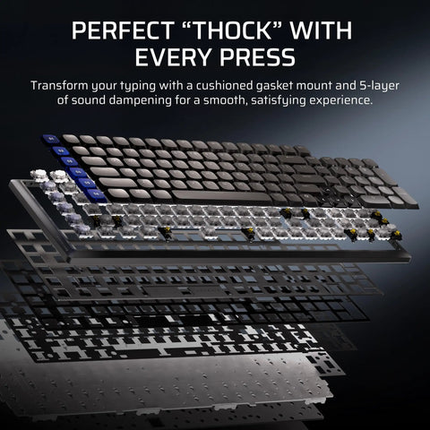 Next Level Wireless RGB Gaming Keyboard With Sleek Aluminum Build And Zero Clutter 99 Percent Layout showcasing gasket mount and key switch layers.