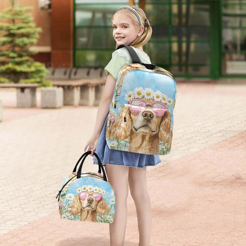 Girl with Dog Daisy Sunglass Themed Backpack With Insulated Cooler Lunch Box Lightweight 15.6 Inch Laptop Daypack For Women And Men Scratch Resistant Nylon Multiple Pockets Insulated Lunch Compartment Great For Work Travel And Picnics