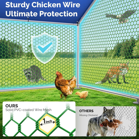 Heavy Duty Hexagonal PVC Coated Chicken Coop With Walk In Run Pen For The Yard Weatherproof Cover Outdoor Coop For Up To Eight Chickens Or Ducks Predator Proof Mesh Durable Outdoor Hen House With Easy Access showing PVC-coated wire mesh detail with fox and raccoon repelled outside.