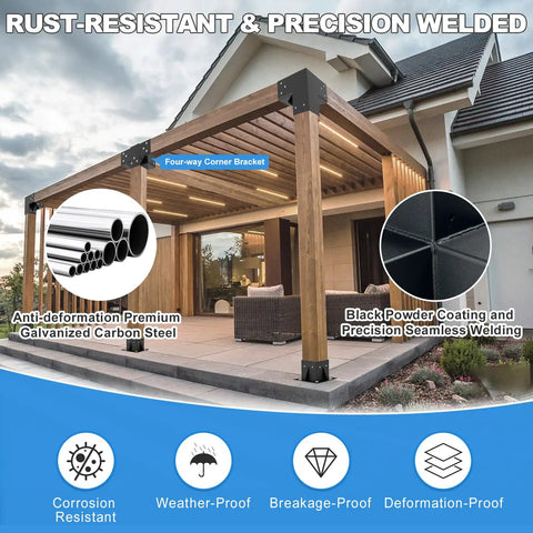 Heavy Duty 4x4 Pergola Bracket Kit With 4 Way Right Angle Elevated Wood Stand Do It Yourself Hardware Set in use on outdoor structure