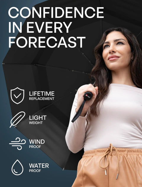 Woman holding Windproof Travel Umbrella Auto Folding With 85 MPH Wind Resistance Beastly Compact Rain And Sun Shield