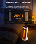 Powerful 1500W Ceramic Space Heater With Wide Oscillation in bedroom showing low noise feature with windwheel comparison chart