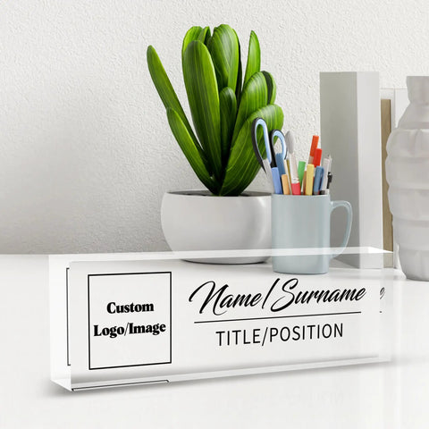 Custom Desk Name Plate With Logo, Personalized Acrylic Name Plate for Office Desk Decor next to plant and pencil holder