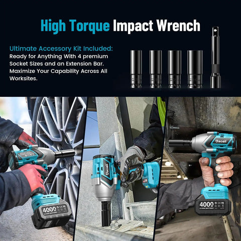 1/2 Inch Drive Cordless Impact Wrench Kit With 1200 Nm Torque Beasts Power for lug nuts cars and tires, showing dual 21V 4000mAh batteries, sockets, extension bar, fast charger