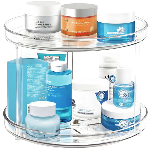 Two Tier Lazy Susan Turntable Organizer For Bathroom And Vanity, Clear 9.25 Inch Rotating Makeup Organizer displaying skincare items