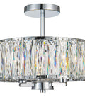 Sleek Modern Crystal Semi Flush Mount Chandelier With 12.6 Inch Round Drum Shade, 3 Light E12 Ceiling Fixture In Chrome Finish