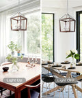 Oak Wood Farmhouse Lantern Pendant Light With Silver Metal Finish in kitchen and dining room, light on and off view