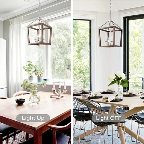 Oak Wood Farmhouse Lantern Pendant Light With Silver Metal Finish in kitchen and dining room, light on and off view
