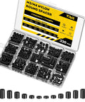 Hella Sturdy Nylon Spacers Assorted M3 M4 Screw Standoffs 330 Piece Set Black Round Non Threaded Hardware Bits in storage box.