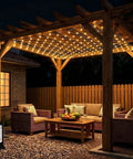 10x10Ft Gazebo Net Lights Outdoor With 200 LED Waterproof Mesh Lighting Timer 8 Modes on a pergola in a backyard
