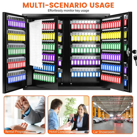 440 Key Lock Box With Wall Mount And Dual Doors Beefy Heavy Duty Steel Key Cabinet 20 Adjustable Hook Plates Index Log And Tags 440 Key Storage For Garage And Home Office Security Black, cabinet open showing colorful key tags and index log sheet.