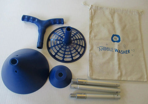 Portable Hand Powered Clothes Washer With Smooth Plunger Action Compact Collapsible Aluminum Handle parts and storage bag.
