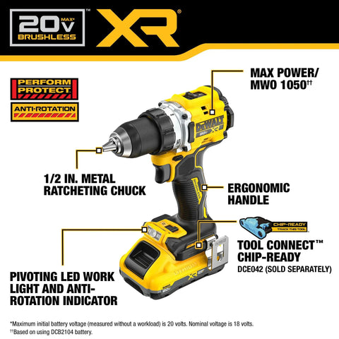 20V Max XR Brushless Cordless 1/2 In Drill Driver Kit with ergonomic handle and pivoting LED work light in product display