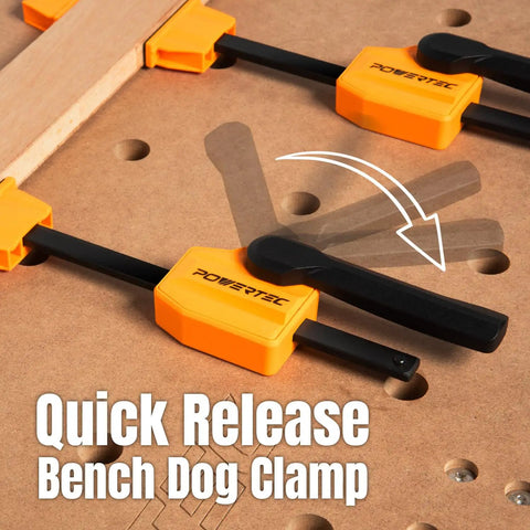 Heavy Duty Bench Dog Clamps For Three Quarter Inch Holes With Quick Release And 176 Pound Clamping Force Rock Solid Woodworking Clamps For Secure Hold On Workbenches 2 Pack visible in use on workbench