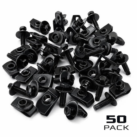 Shop Tough 100 Piece Auto Bolt And U Nut Kit With Pro Grade M6 1.0 Hex Head Screws, Extruded U Nuts And Rust Proof Clips For Fender Liners, Bumper Guards And No Fuss Underbody Fasteners - 50 black hex head screws and U nuts.