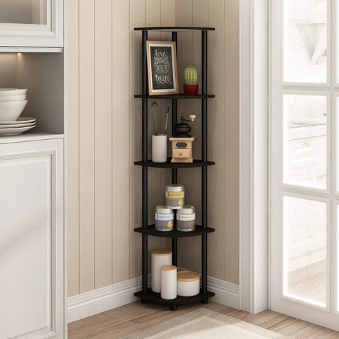 Turn N Tube Corner Shelf 5 Tier Bookshelf With Open Storage For Living Room Home Office Garage Bedroom Espresso Finish Space Saving Corner Organizer For Apartments Dorms And Small Spaces displaying decor items