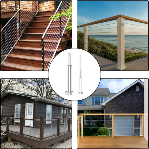 Invisible Cable Railing Kit For 2x2 And 4x4 Posts With Swage Tensioner Hardware showcased on decks and stairs