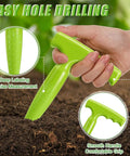Hand holding green dibber from 19 Piece Mini Seed Spreader Set And Seed Dispenser With Five Dial Settings Handy Handheld Seed Spreaders