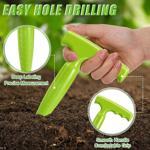 Hand holding green dibber from 19 Piece Mini Seed Spreader Set And Seed Dispenser With Five Dial Settings Handy Handheld Seed Spreaders